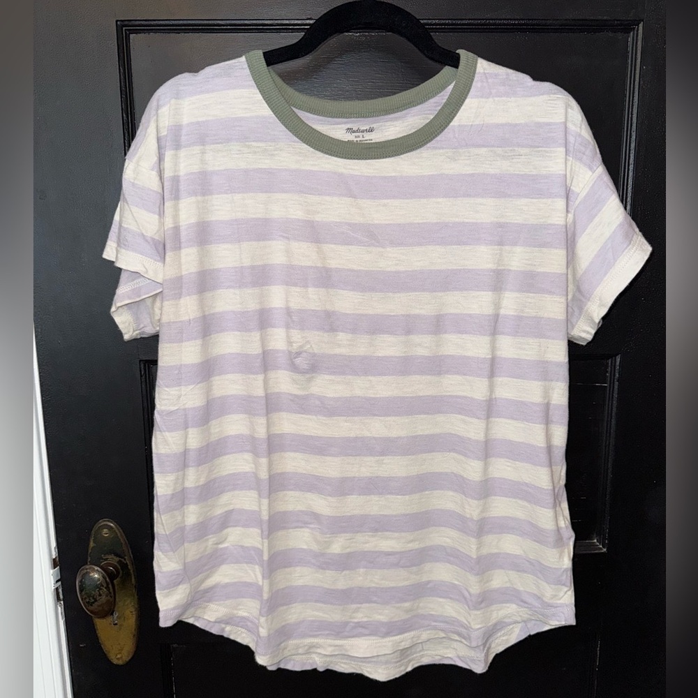 Madewell Lavender and Cream Striped Tee with Green Collar